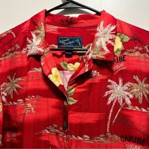 Island Trader Red Hawaiian Button Short Sleeve Shirt Women Large Blouse Cover Up